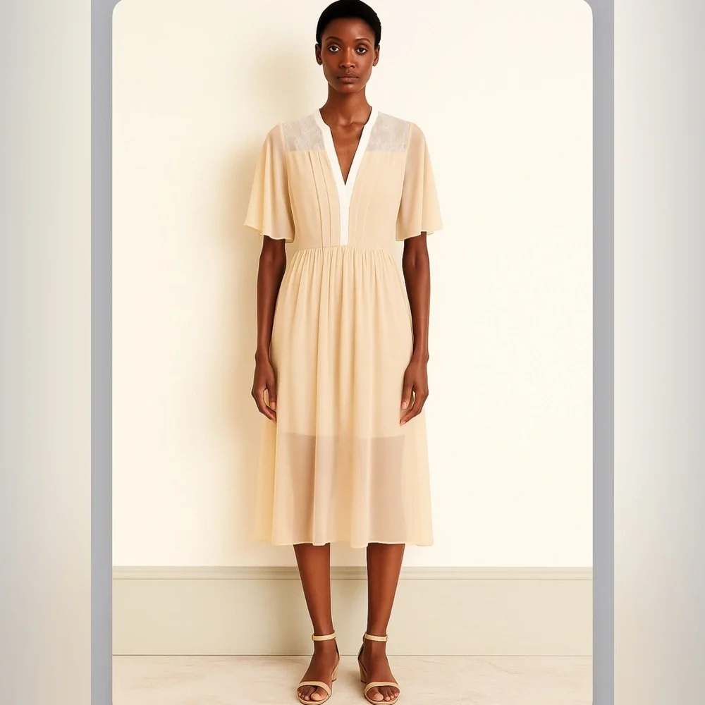 Sandro Beige Midi Dress Small Sheer size S - Picture 1 of 9